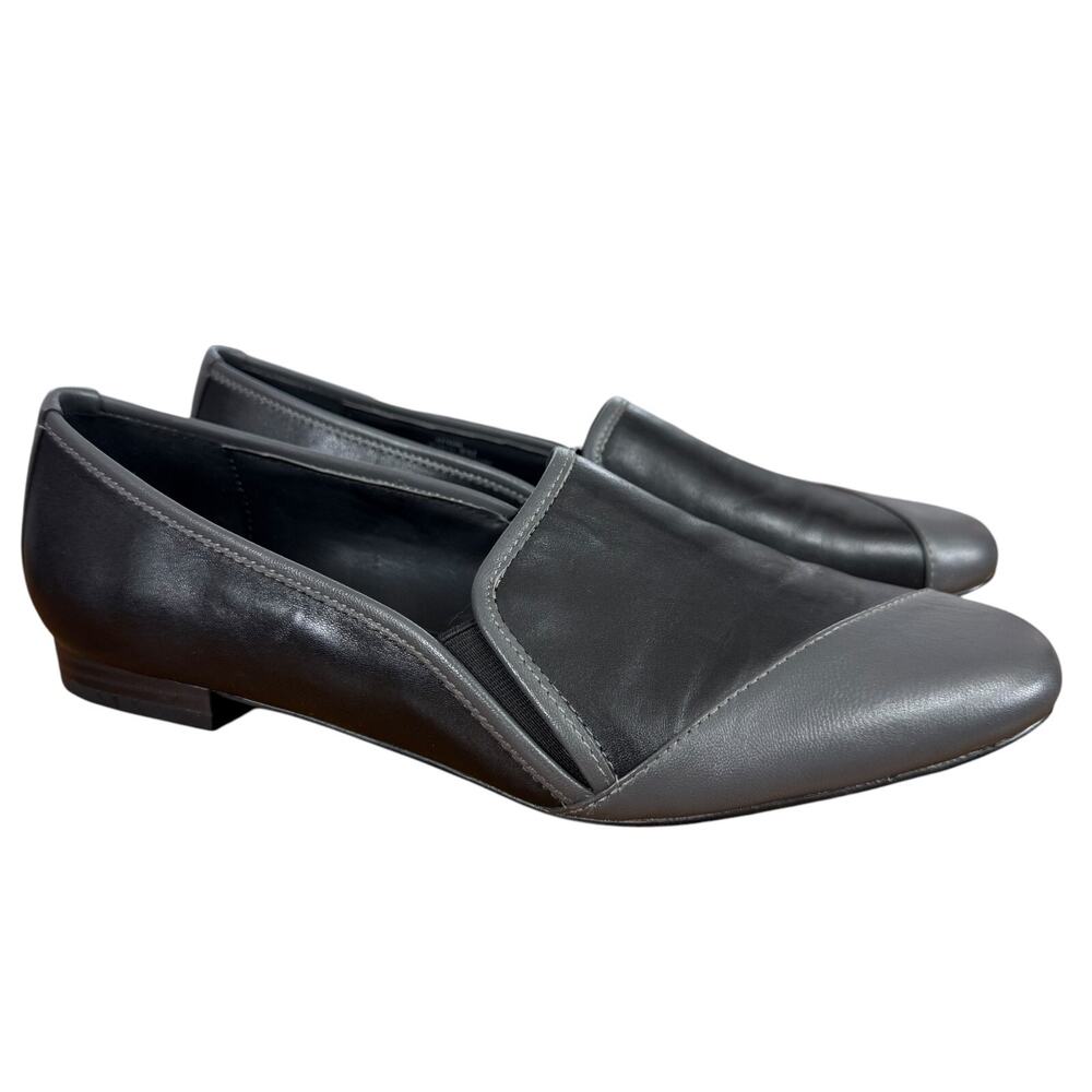 Logo Lori Goldstein Marcia Women Black Gray Leather Flats Slip On Shoes sz 8